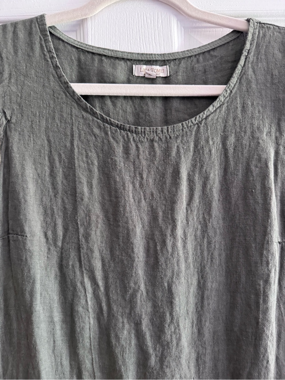 Lina Tomei Italian Linen Dress SZ M Gray Sleeveless Ruffle Shoulder Shift Dress - Picture 5 of 13